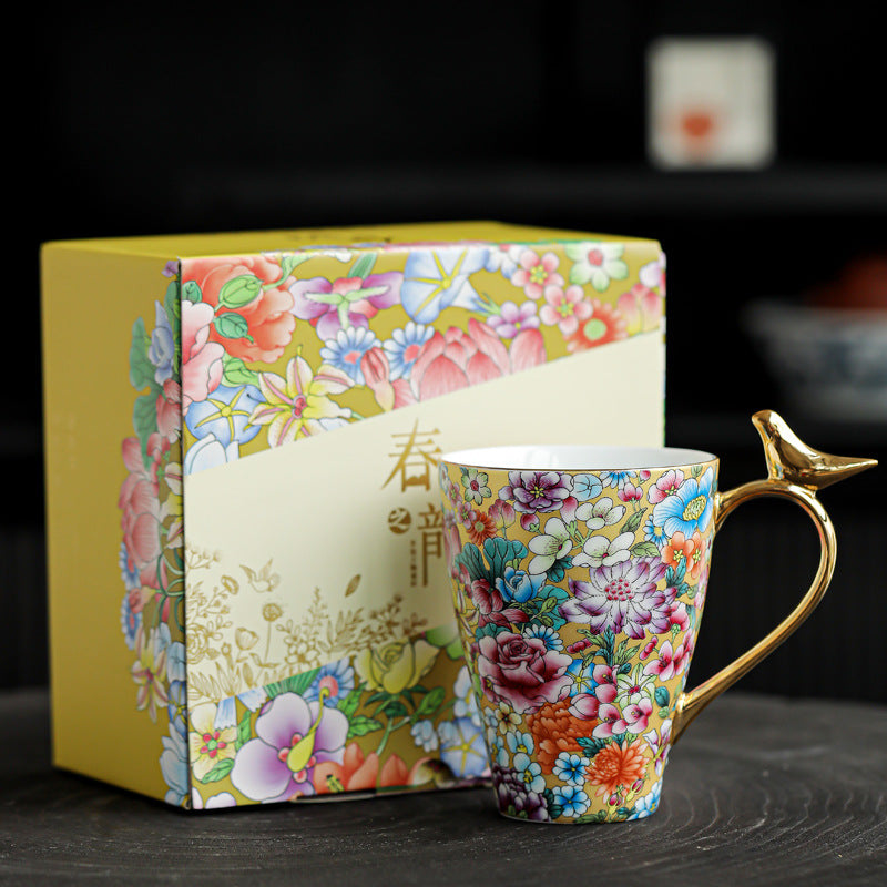 Golden Bird Handle Floral Porcelain Mug – Enamel Glaze Edition